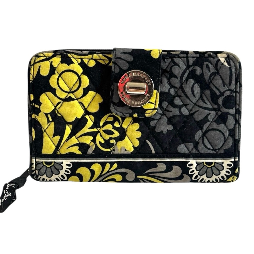 Vera Bradley Yellow & Gray Floral Quilted Turnlock Wallet‎